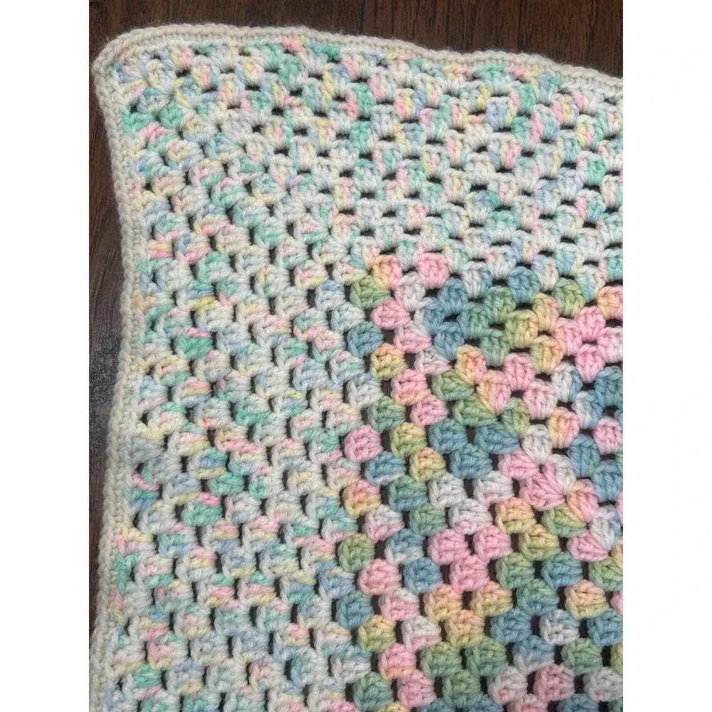 Handmade Crochet Baby Blanket Pastel Pink Green Blue Nursery Throw Muli-Color